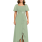 Formal High-Low Mother of the Bride Gown Sleeved Chiffon Maxi Dress Ruched Waist