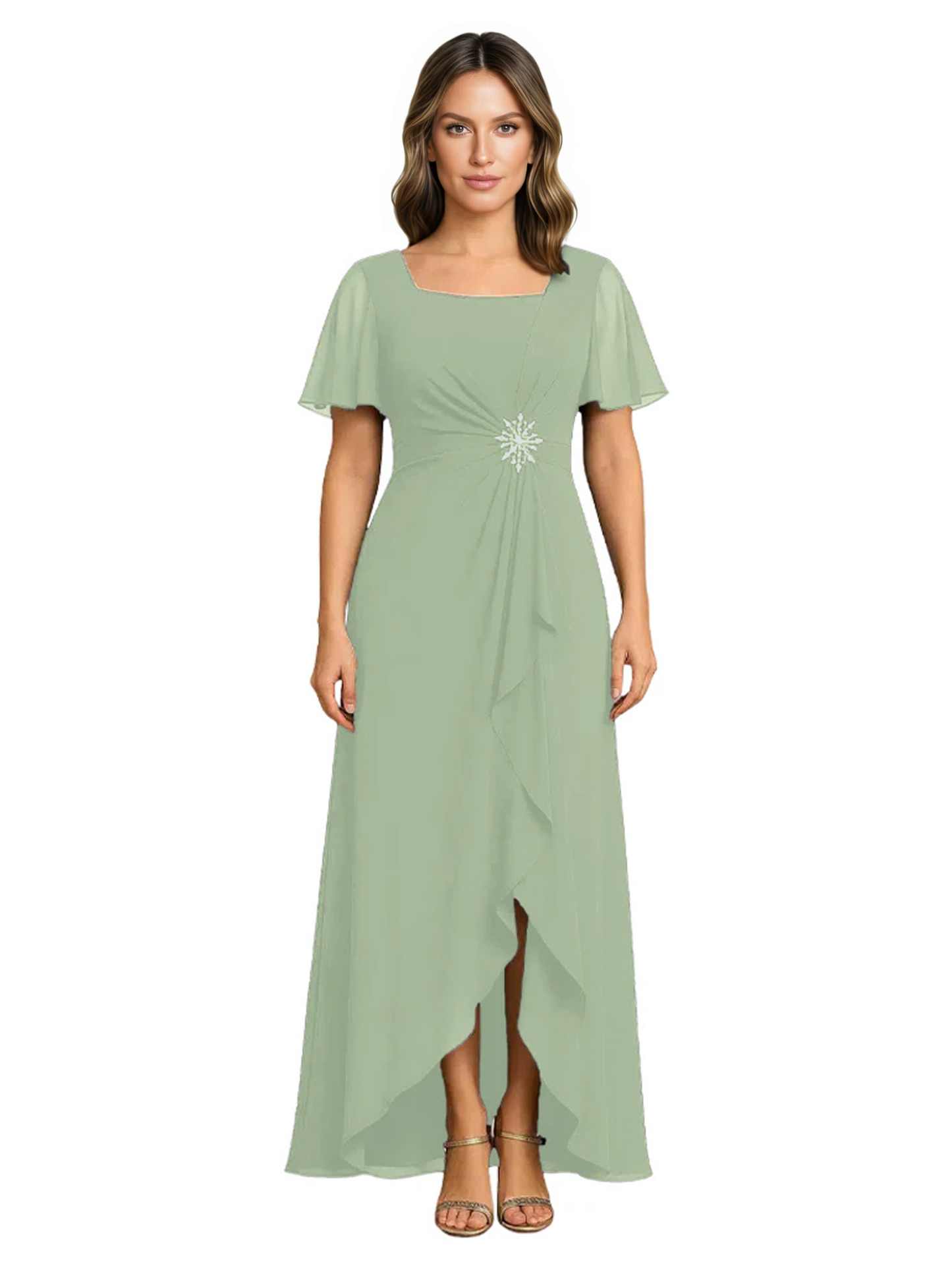 Formal High-Low Mother of the Bride Gown Sleeved Chiffon Maxi Dress Ruched Waist