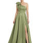 Luxury Bow Black Formal Dress One-Shoulder A-Line Gowns with Sexy Side Slit 2026
