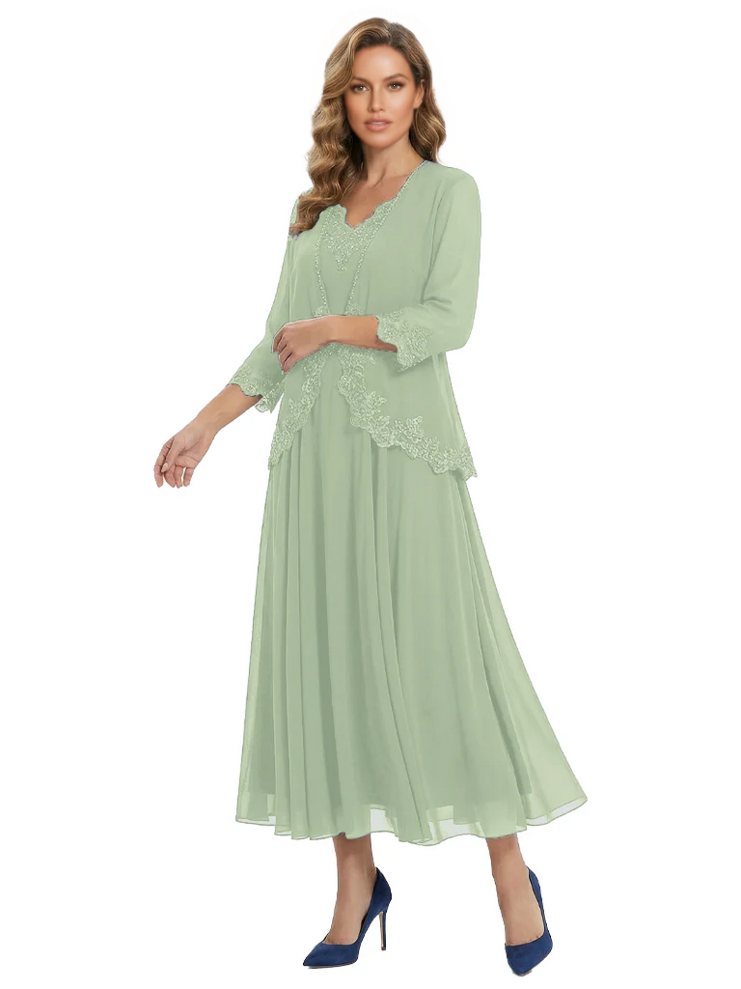 3/4 Sleeve Chiffon Mother of the Brides Dresses V-Neck Wedding Party Gowns
