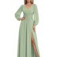 A-Line Mother of Bride Dress V-Neck Chiffon Gown Long Sleeves Slit Formal Dress