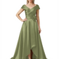 Off Shoulder Mother of the Bride Dress High-Low Satin Gown with Portrait Neckline