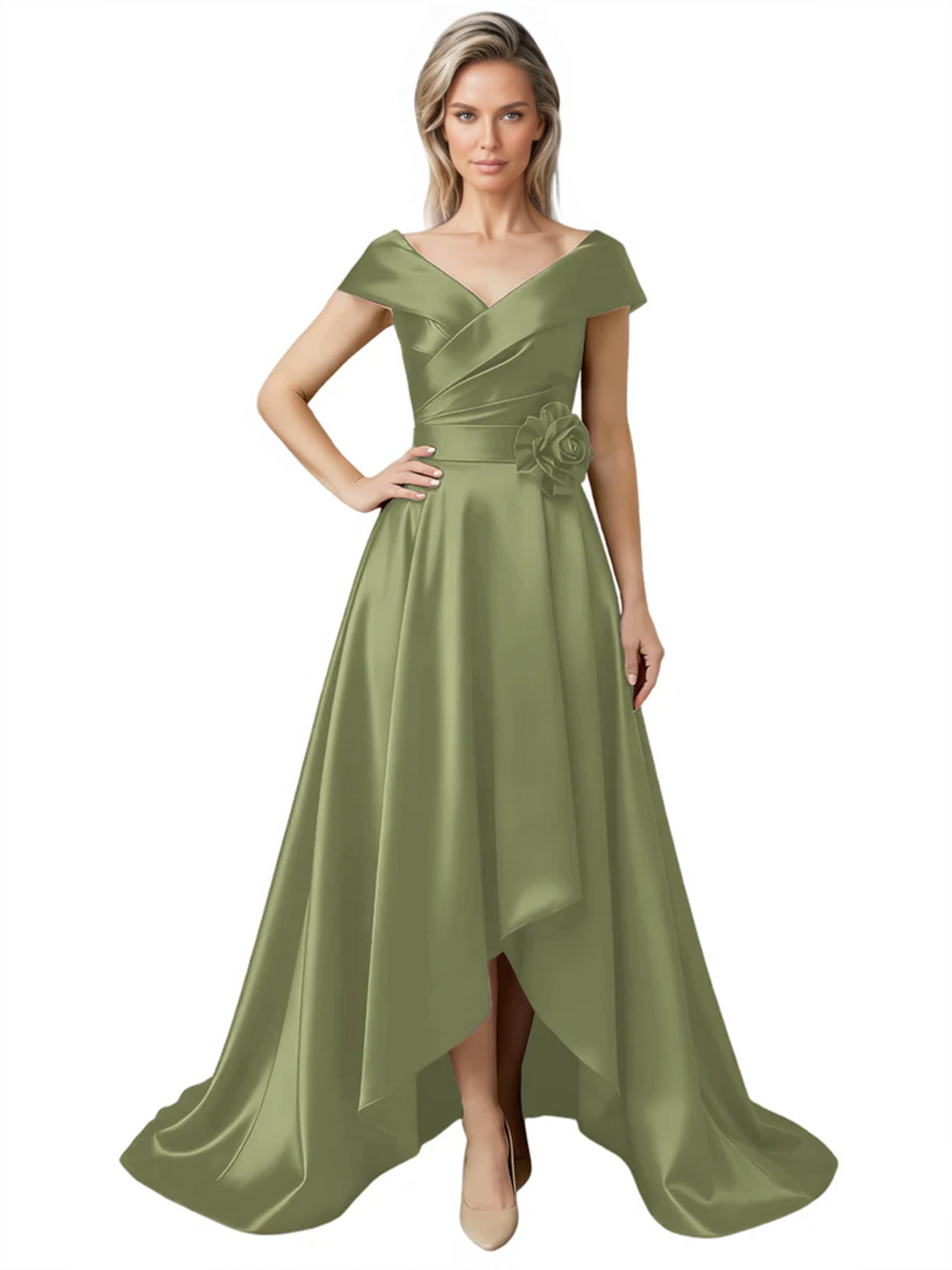 Off Shoulder Mother of the Bride Dress High-Low Satin Gown with Portrait Neckline