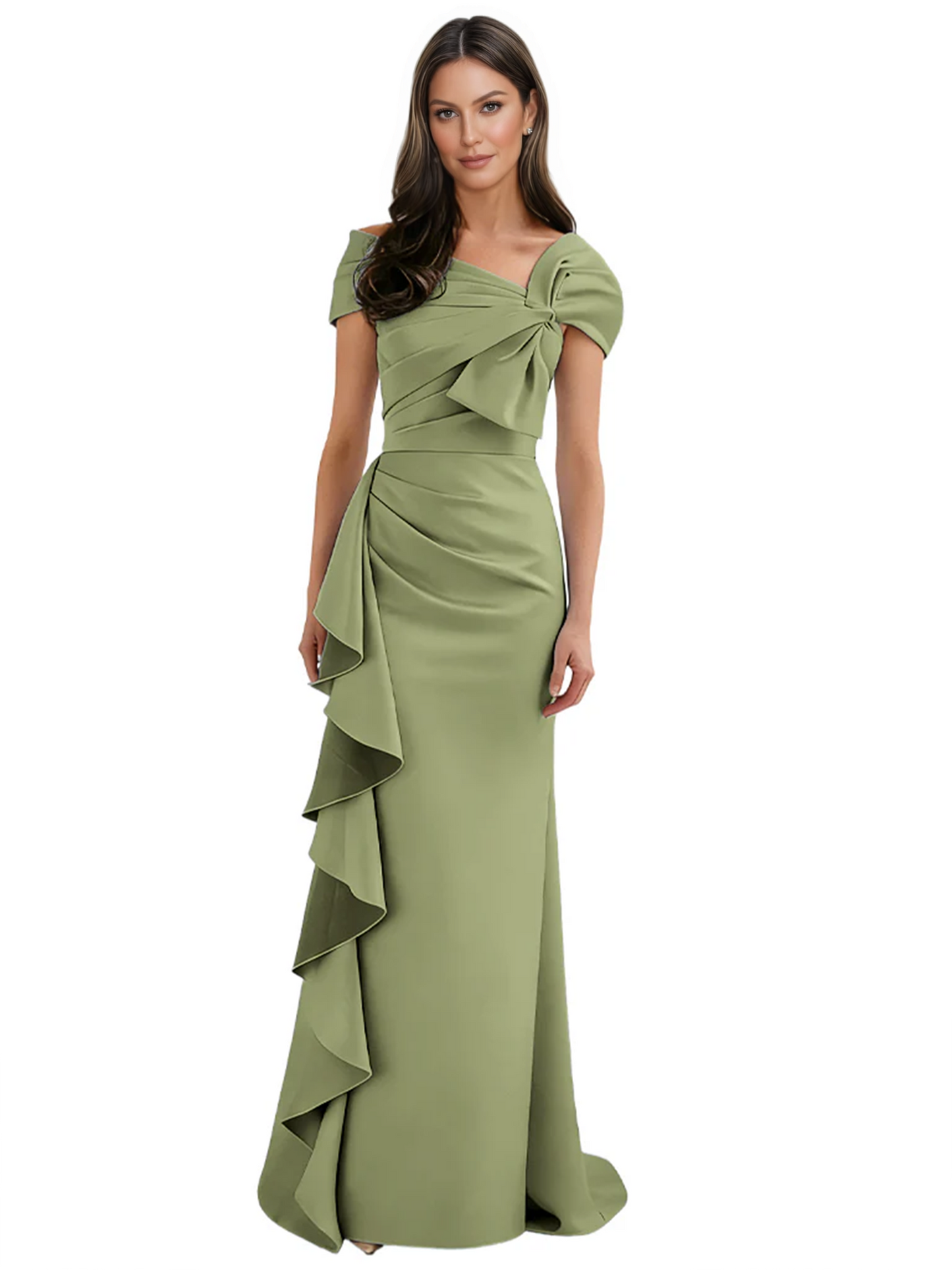 Elegant Mother of Bride Dress Formal Gowns Mermaid Ruffle Floor Length Asymmetric Neckline