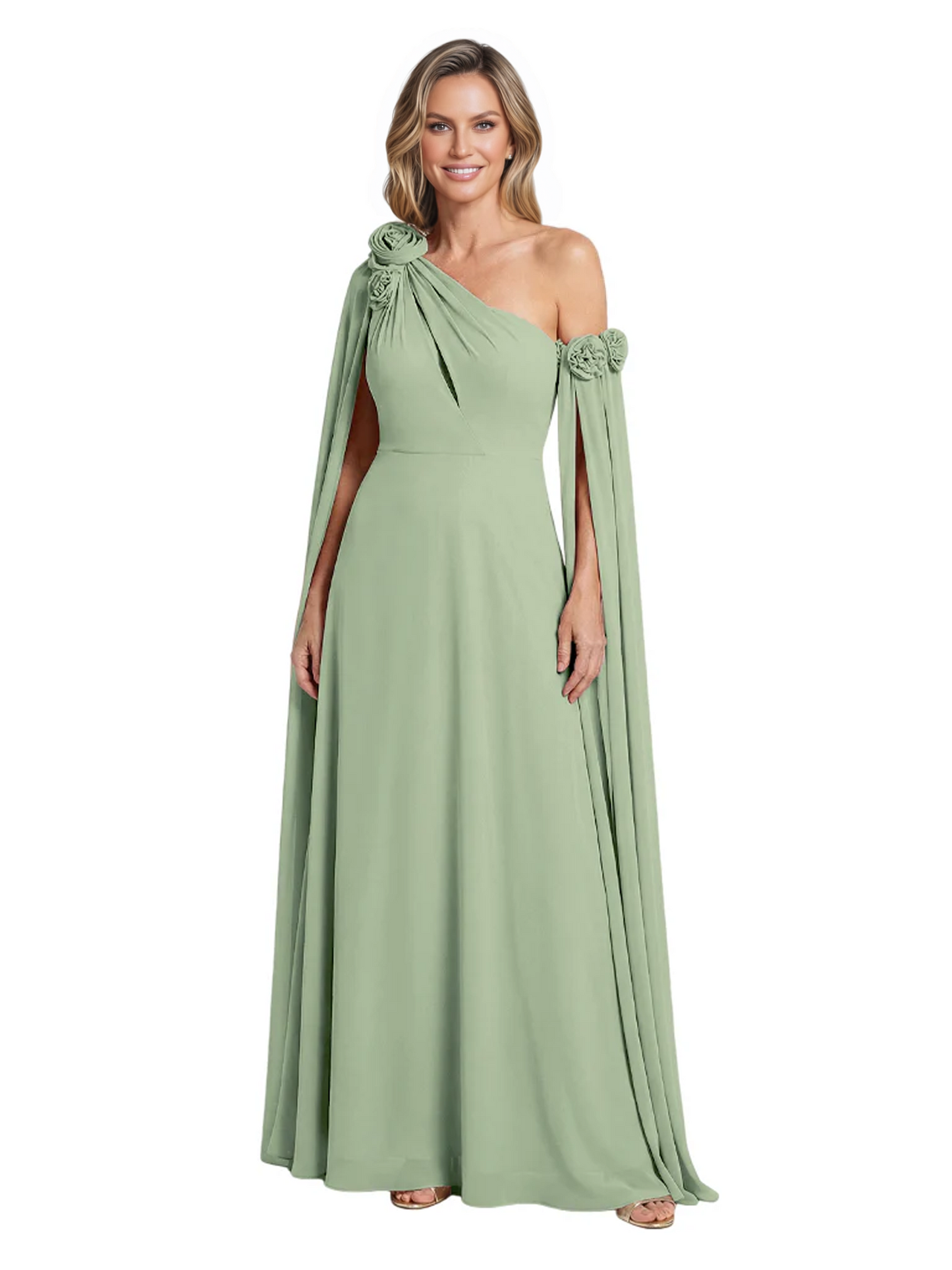 One Shoulder Mother of the Bride Dress Asymmetrical Cape Sleeve Gown with Floral
