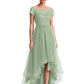Formal High-Low Mother of the Bride Gown Short Sleeve Lace Maxi Dress with Tiered Skirt
