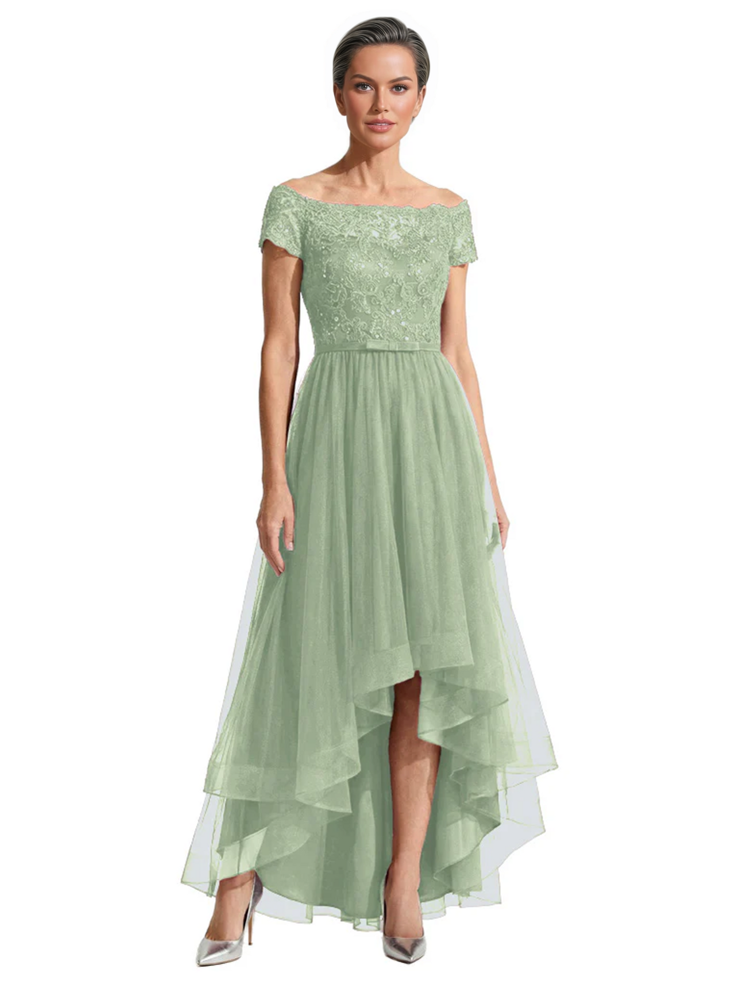 Formal High-Low Mother of the Bride Gown Short Sleeve Lace Maxi Dress with Tiered Skirt