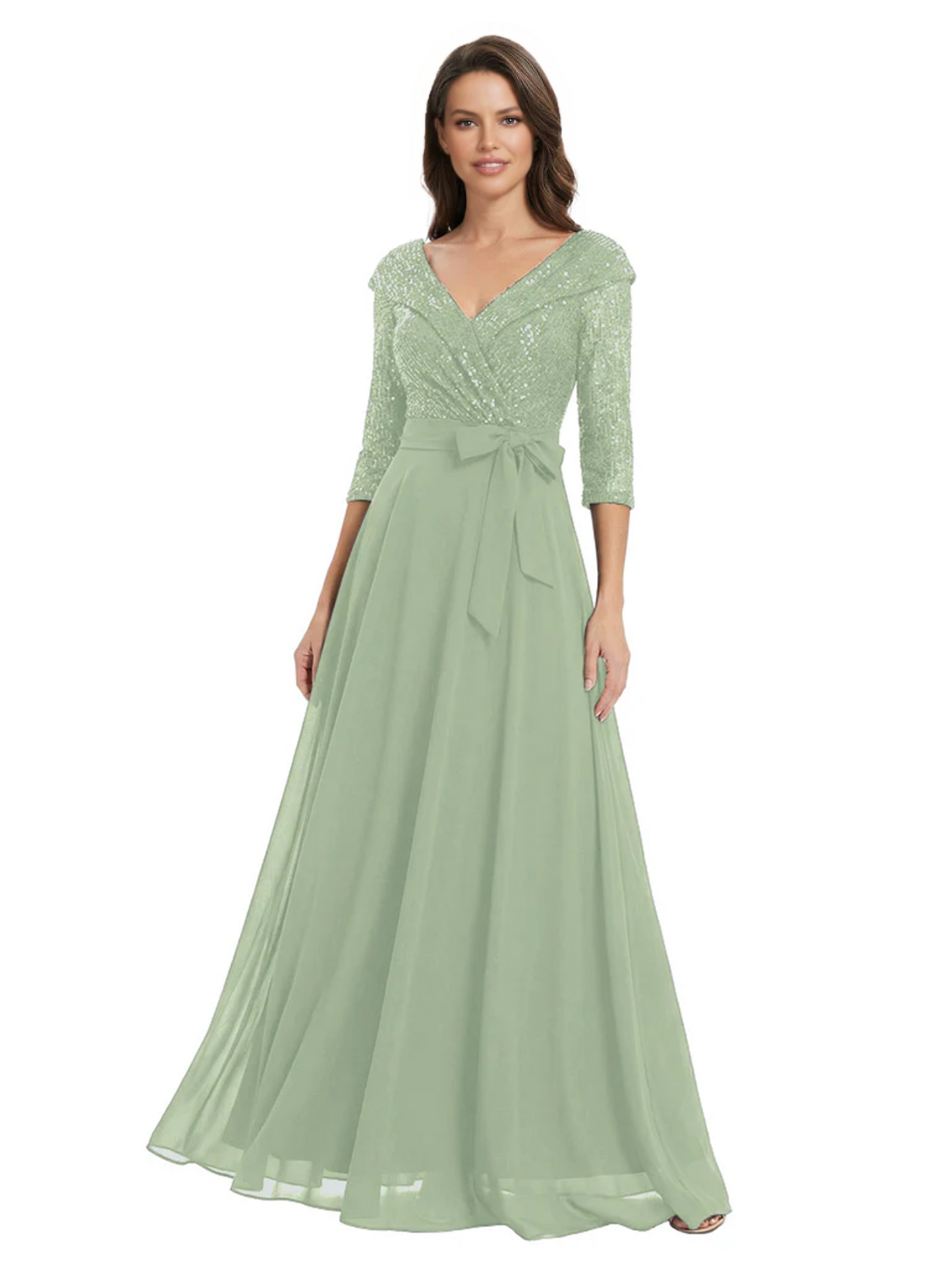 Chiffon Mother of the Bride Dress with Sequin V-Neck and Elegant Bow Sash