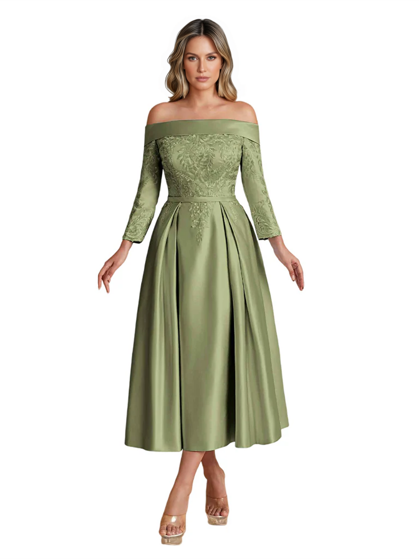 Off Shoulder Mother of the Bride Dress Tea-Length Satin Gown with Lace Applique