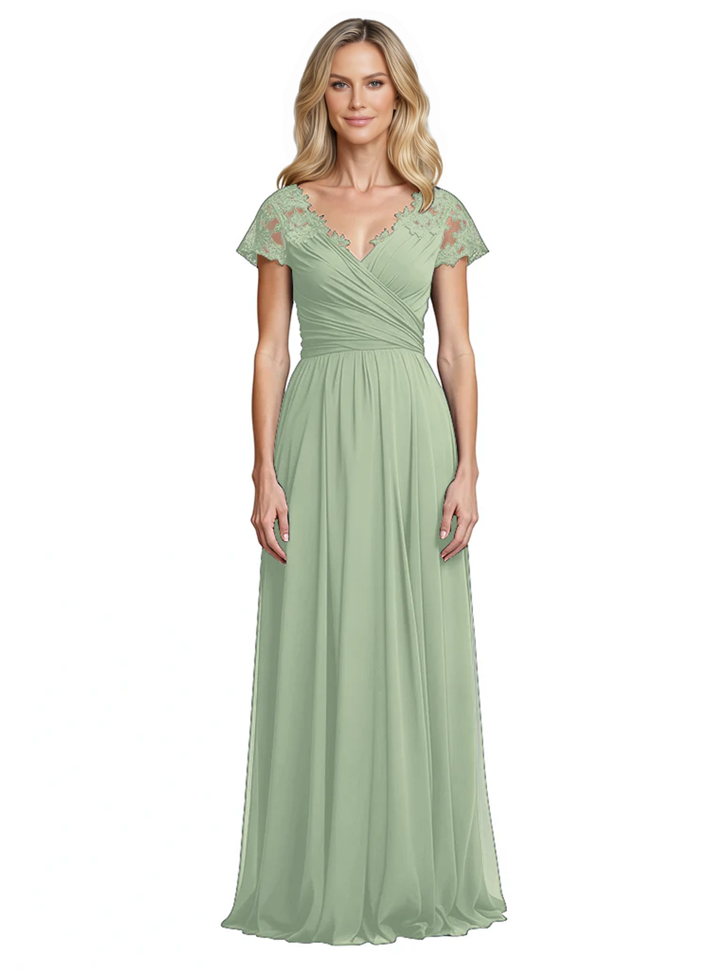 Mother of the Bride Dress Cap Sleeves and V-Neckline with Embroidered Lace Shoulders