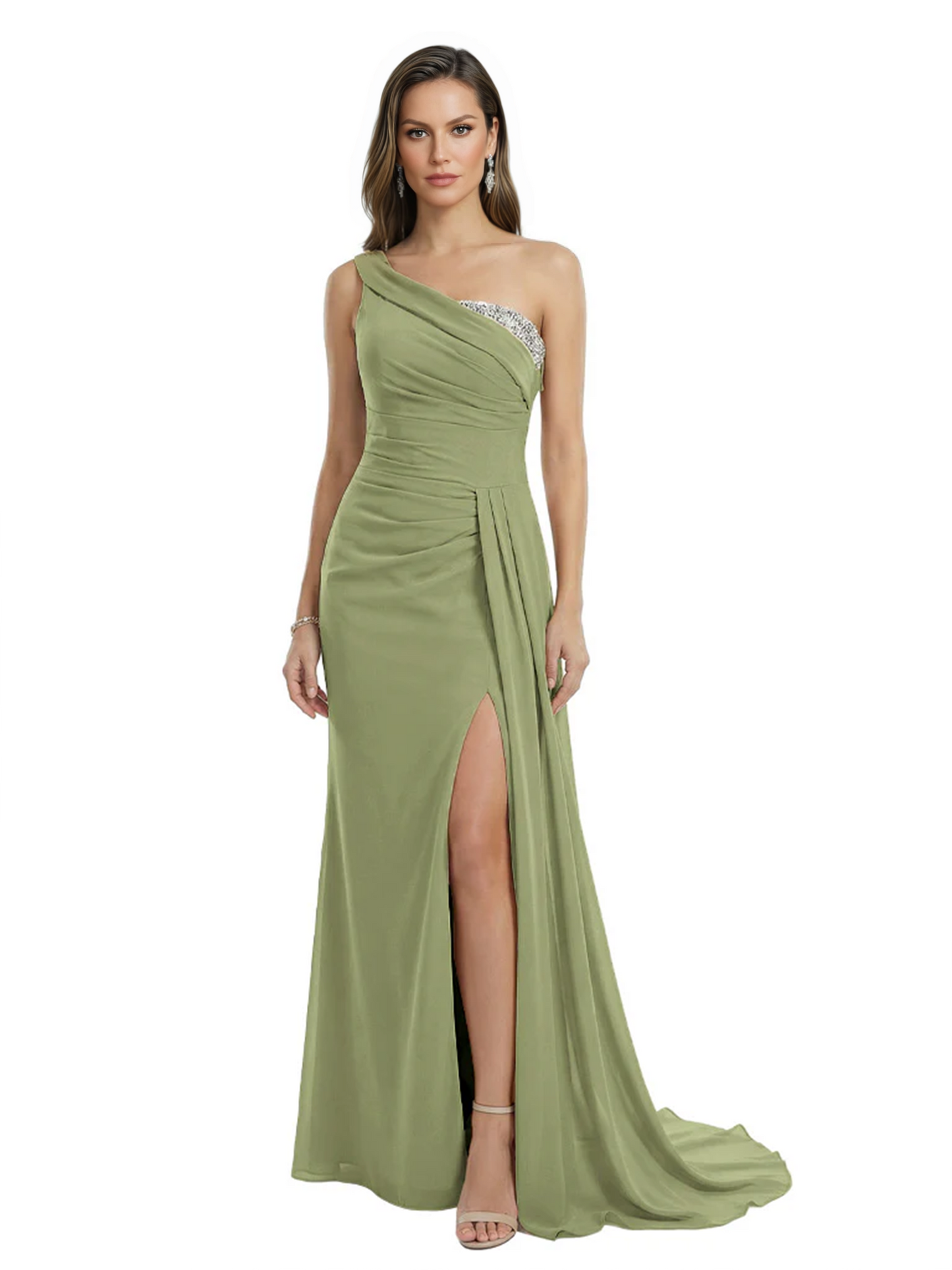One Shoulder Mother of Bride Dress Ruffle Formal Gowns Mermaid Floor Length Train Slit