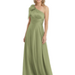 One-Shoulder Mother of the Bride Dress Satin Gown with Bow Ruched Empire Waist