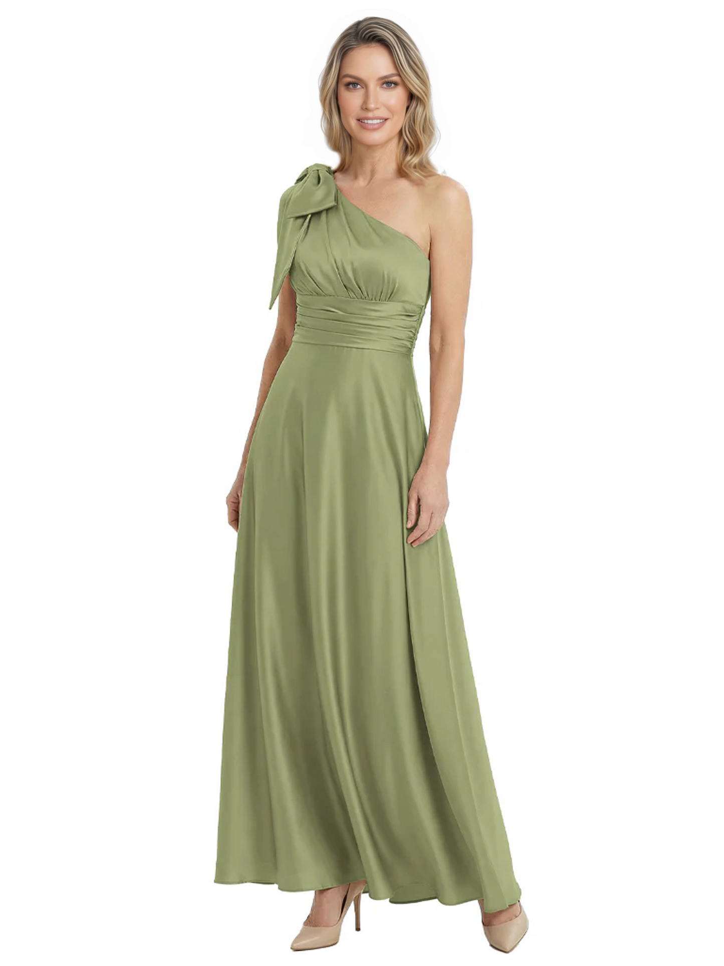 One-Shoulder Mother of the Bride Dress Satin Gown with Bow Ruched Empire Waist