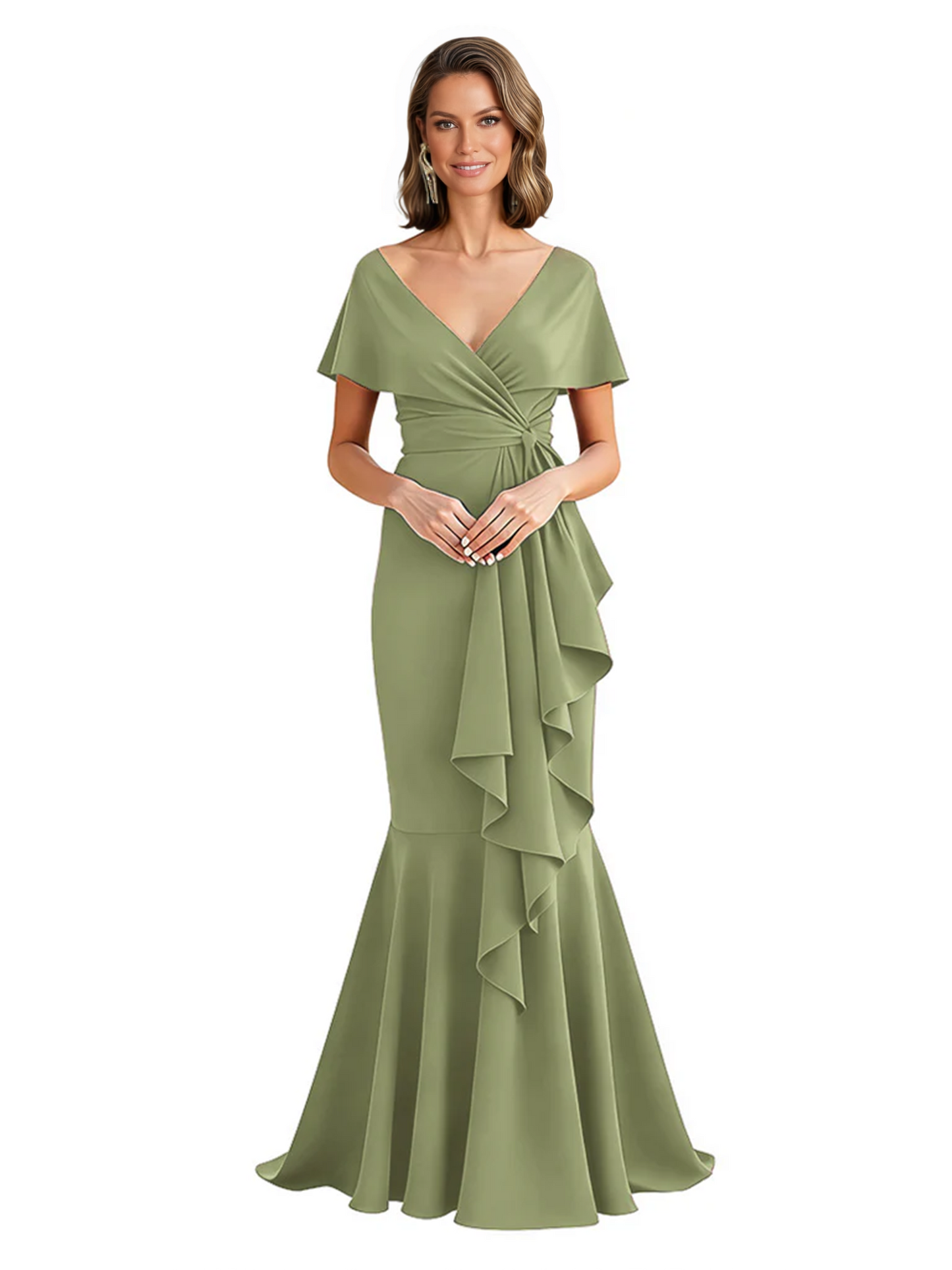 Satin Mother of the Bride Dress with Cascading Ruffles and Mermaid Tail V-Neck