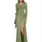 Elegant Evening Gowns Slit Trending Styles Satin Slit Formal Dress Cowl Neckline Gown Tie