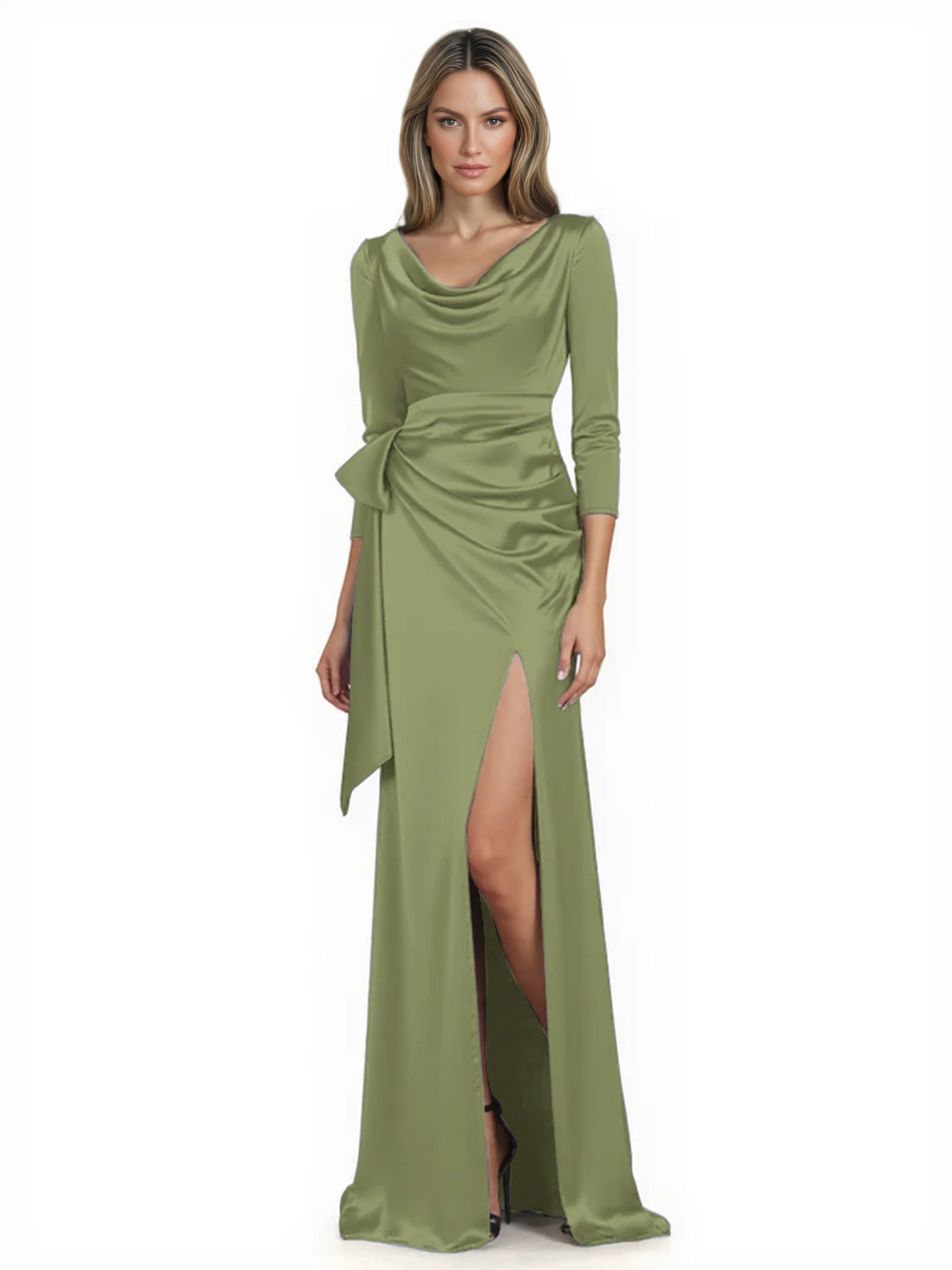 Elegant Evening Gowns Slit Trending Styles Satin Slit Formal Dress Cowl Neckline Gown Tie