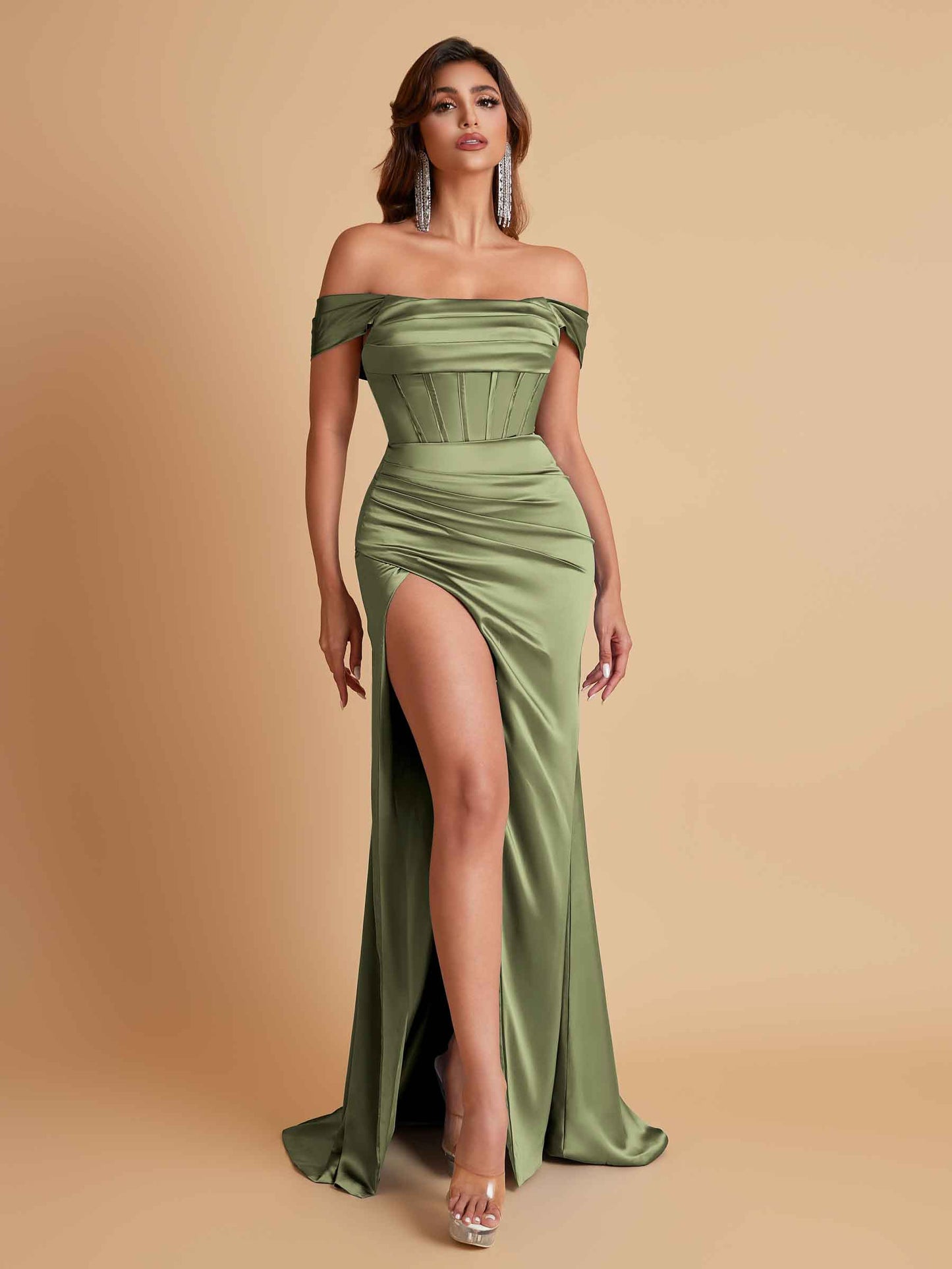 Sexy Off the Shoulder Soft Satin Side Slit Floor-Length Mermaid Bridesmaid Dresses
