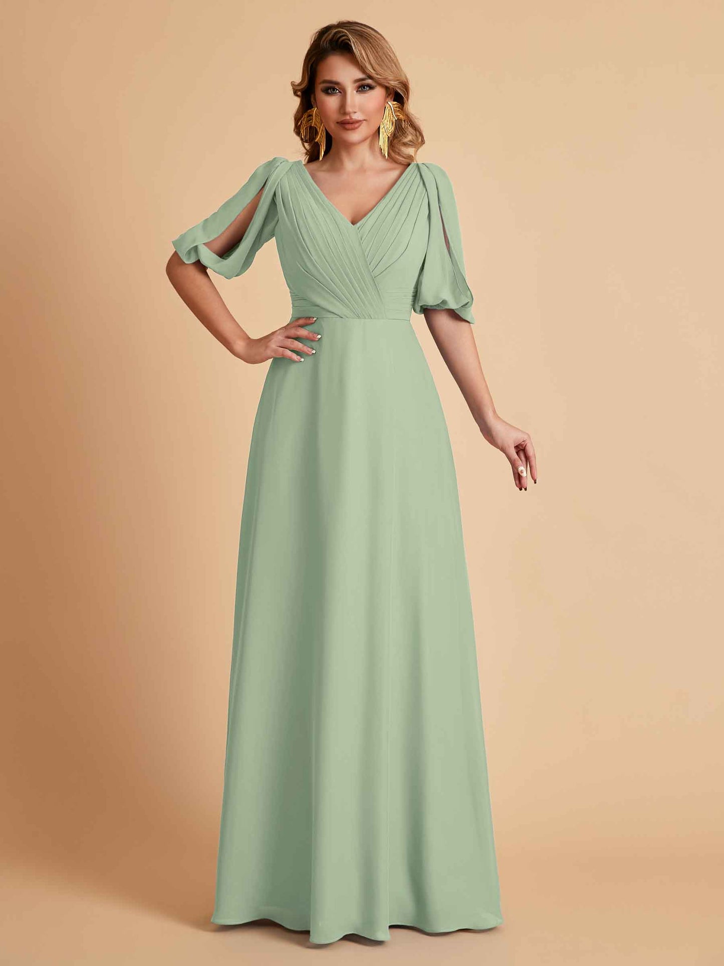Elegant A-Line Chiffon Half Sleeves V-Neck Mother of the Brides Dresses Online