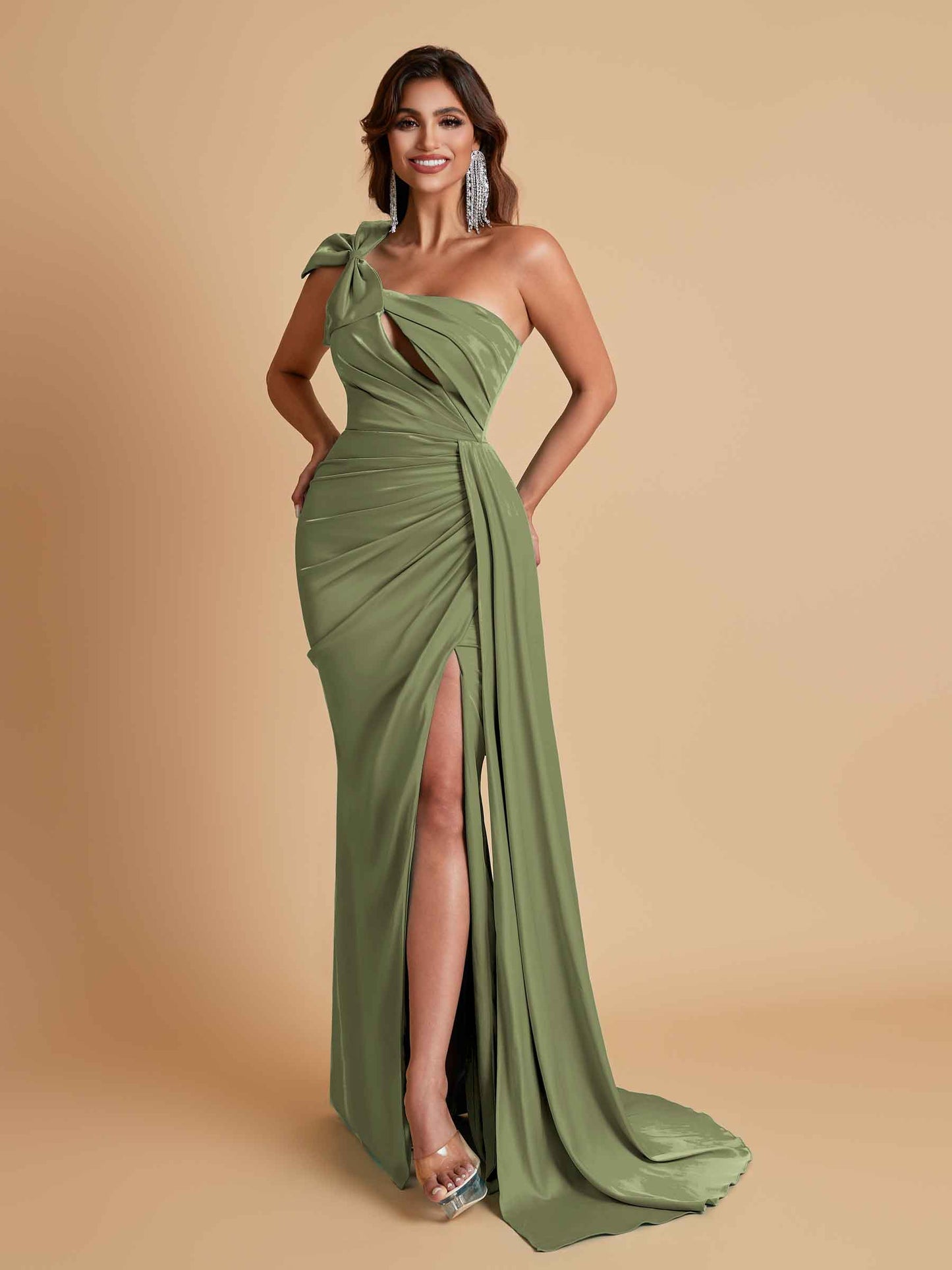 Gorgeous One Shoulder Bow Knot Soft Satin Side Slit Floor-Length Mermaid Bridesmaid Dresses