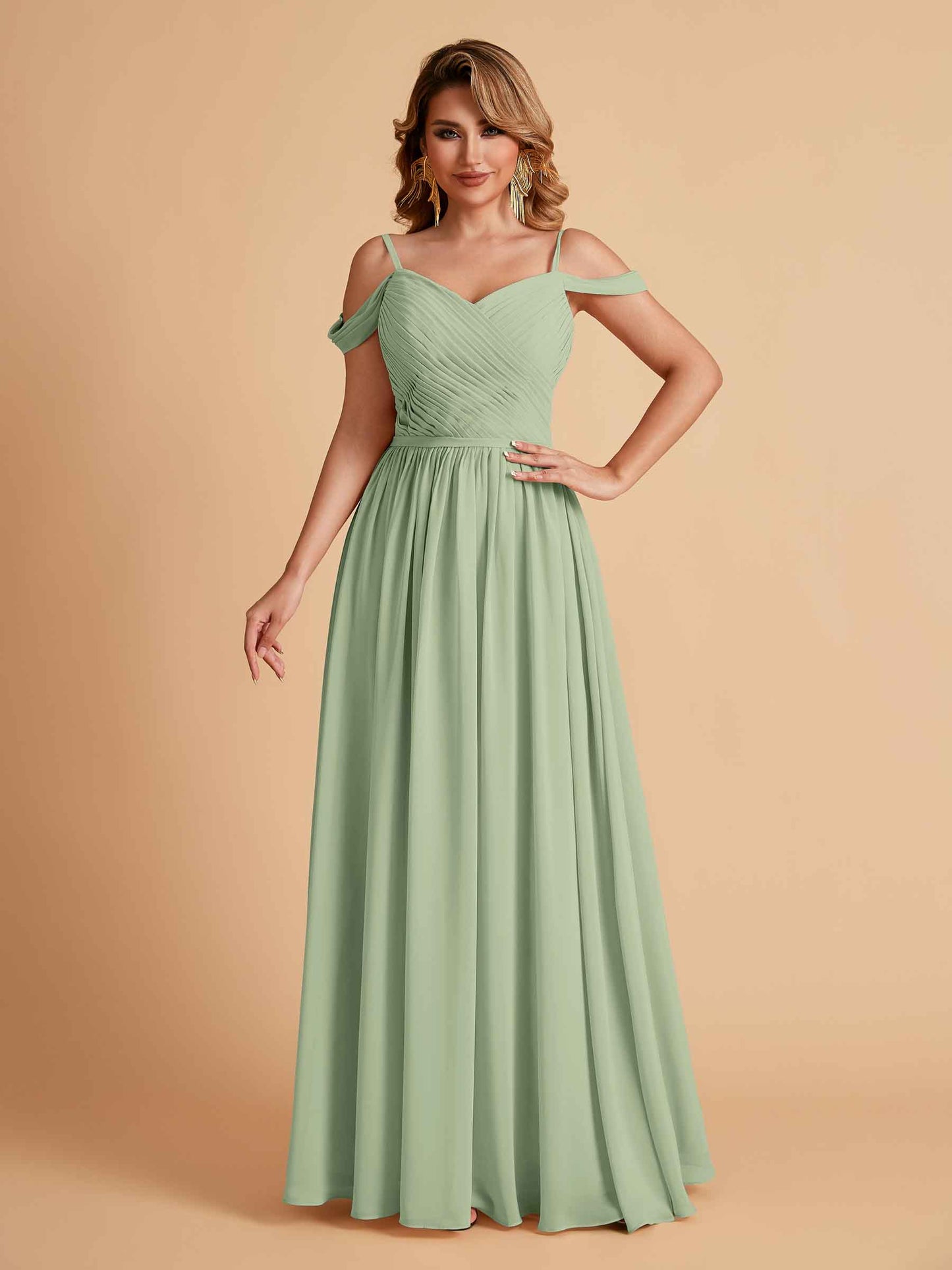 Elegant A-line Chiffon Off The Shoulder V-Neck Bridesmaid Dresses Online