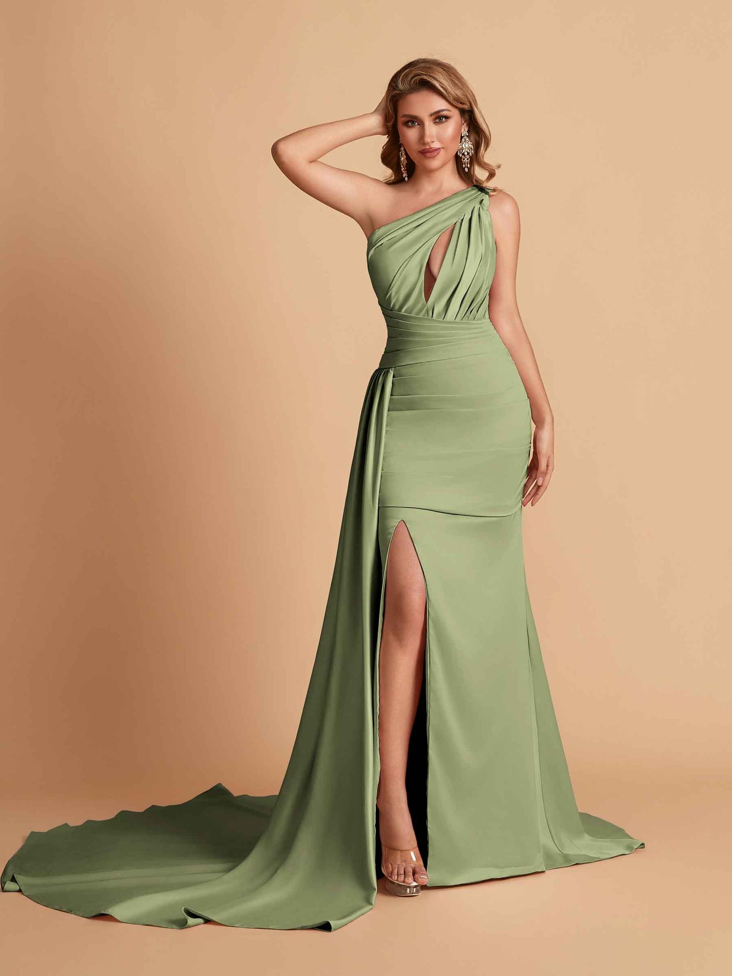 Sexy Satin Mermaid One Shoulder Side Slit Long Bridesmaid Dresses