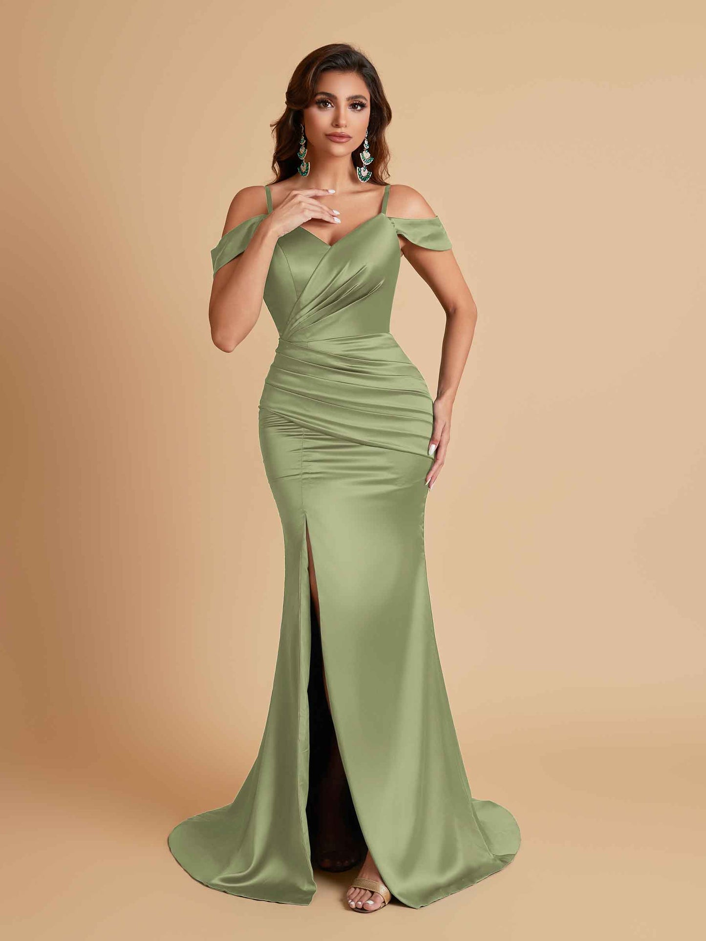 Sexy Soft Satin Mermaid Off Shoulder Side Slit Floor-Length Mermaid Bridesmaid Dresses