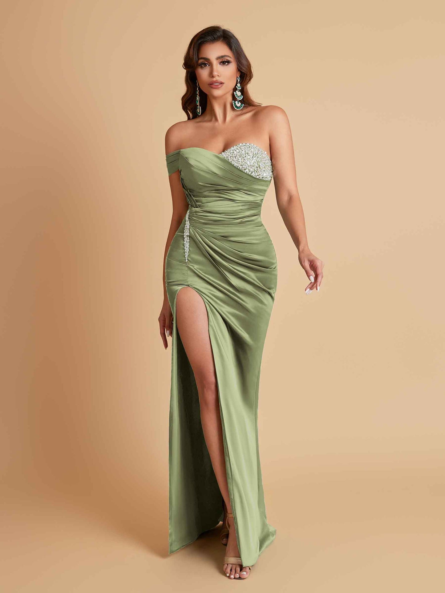 Sexy Soft Satin Mermaid One Shoulder Side Slit Floor-Length Mermaid Bridesmaid Dresses