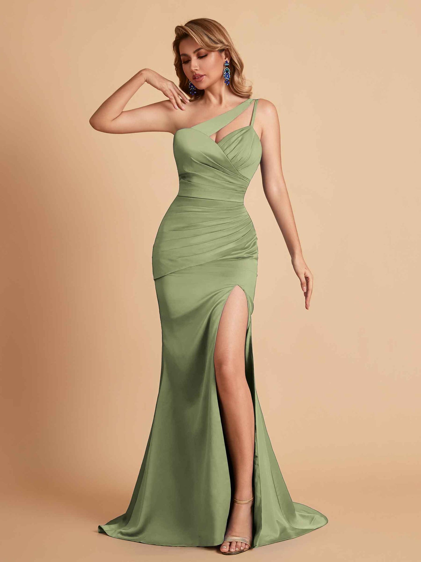 Elegant Satin One Shoulder Mermaid Side Slit Floor Length Bridesmaid Dresses