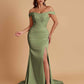 Elegant Soft Satin Mermaid Off Shoulder Side Slit Floor-Length Mermaid Bridesmaid Dresses