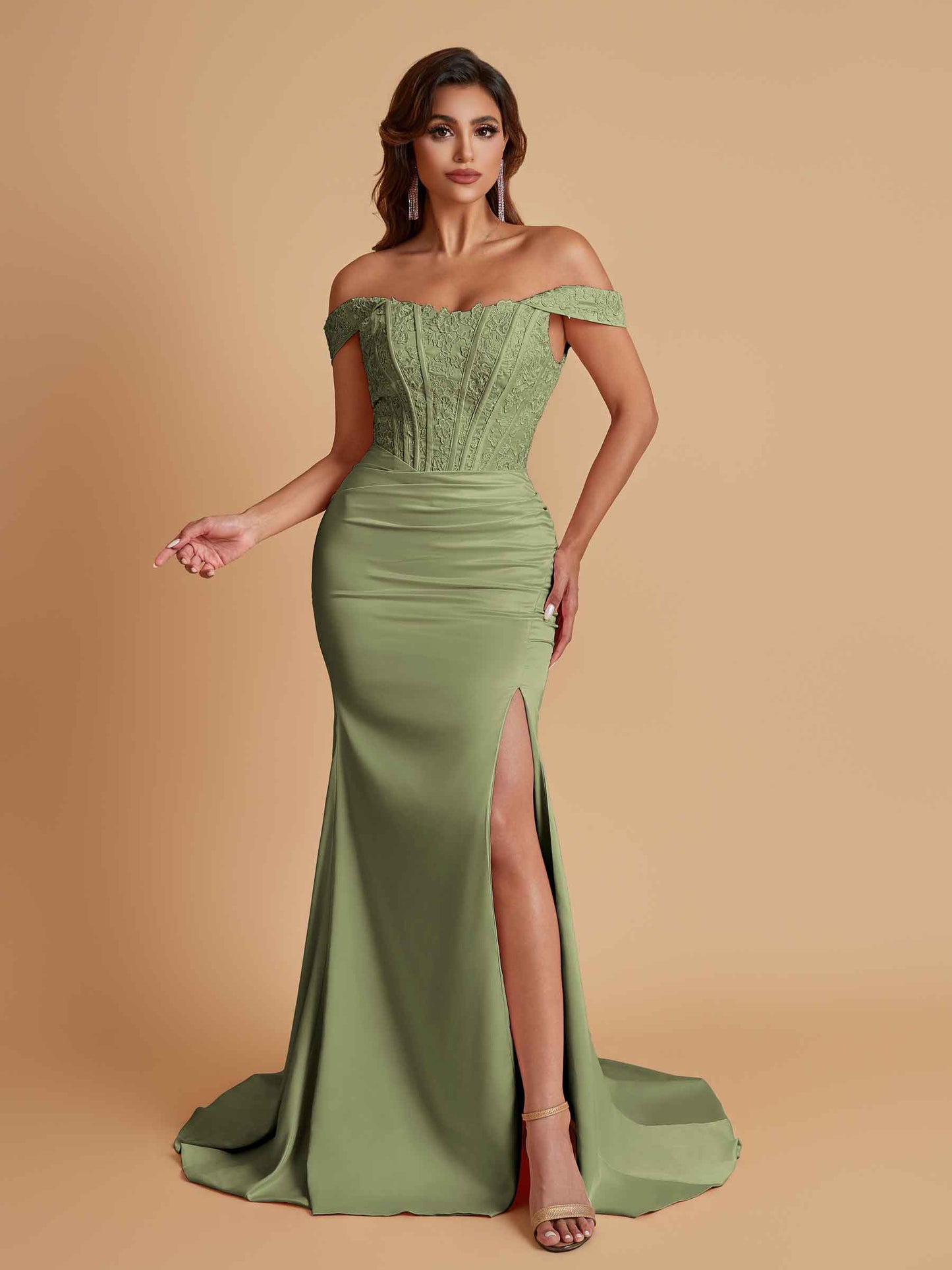 Elegant Soft Satin Mermaid Off Shoulder Side Slit Floor-Length Mermaid Bridesmaid Dresses