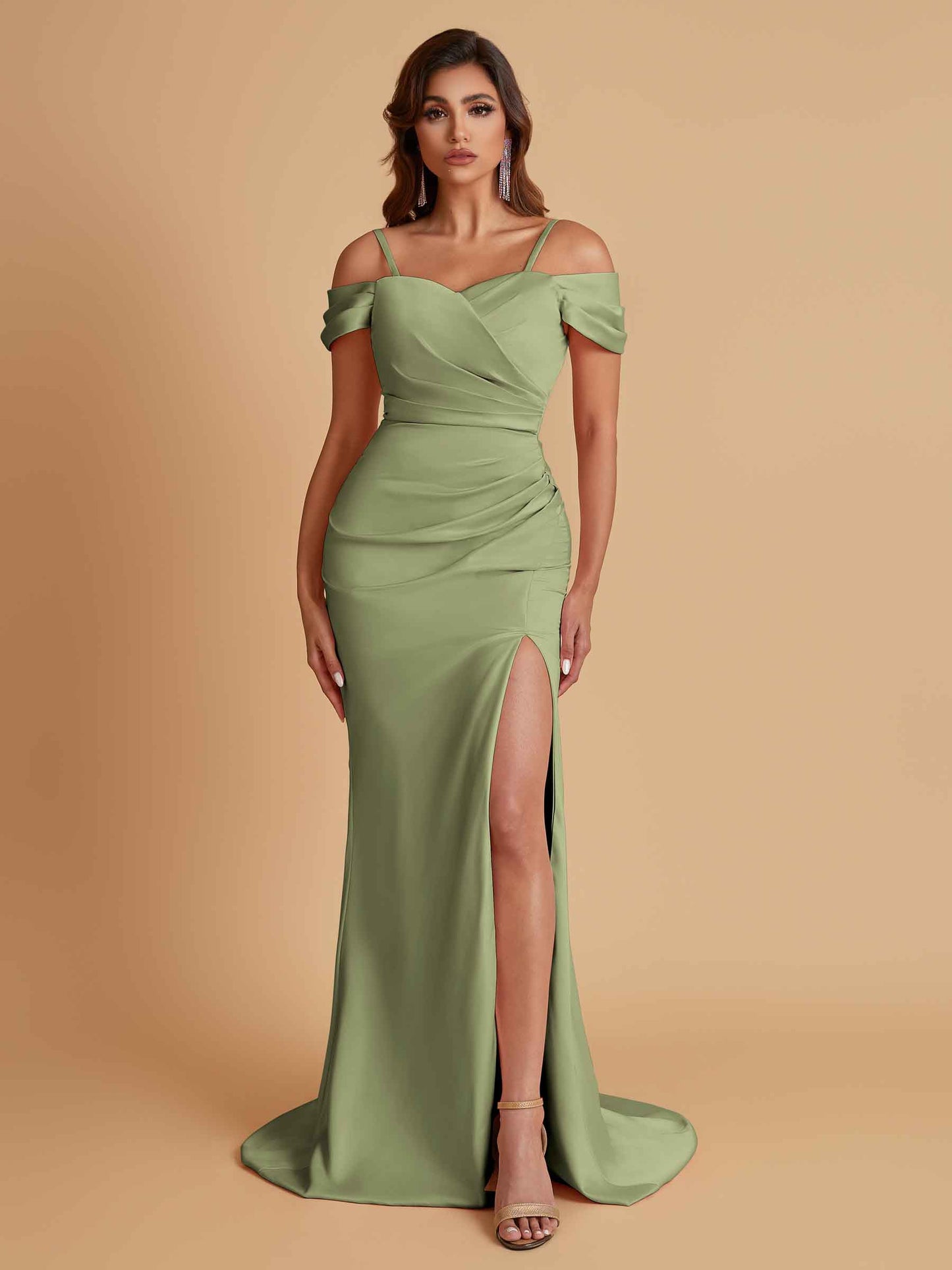 Sexy Soft Satin Mermaid Cold Shoulder Side Slit Floor-Length Bridesmaid Dresses Online