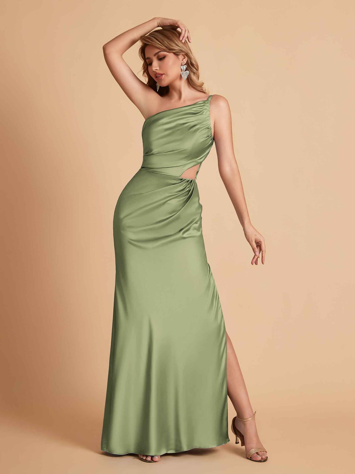 Elegant Satin One Shoulder Side Slit Mermaid Floor Length Bridesmaid Dresses