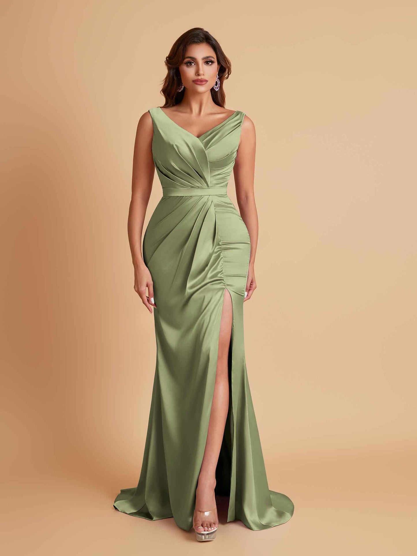 Elegant V Neck Soft Satin Side Slit Floor-Length Mermaid Bridesmaid Dresses