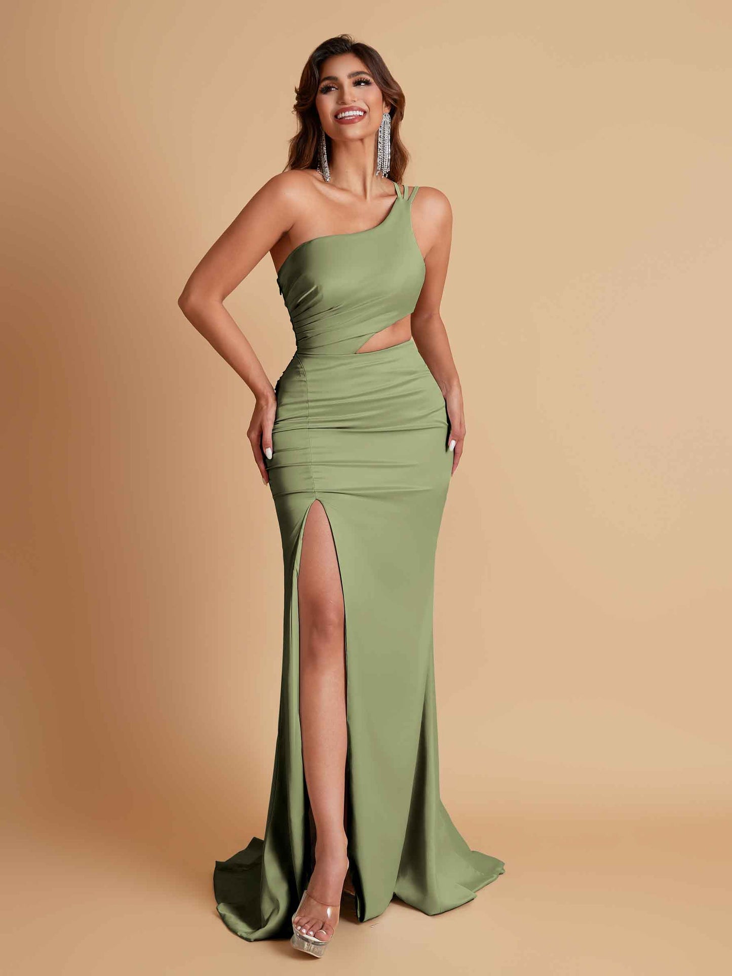 Gorgeous One Shoulder Soft Satin Side Slit Floor-Length Mermaid Bridesmaid Dresses