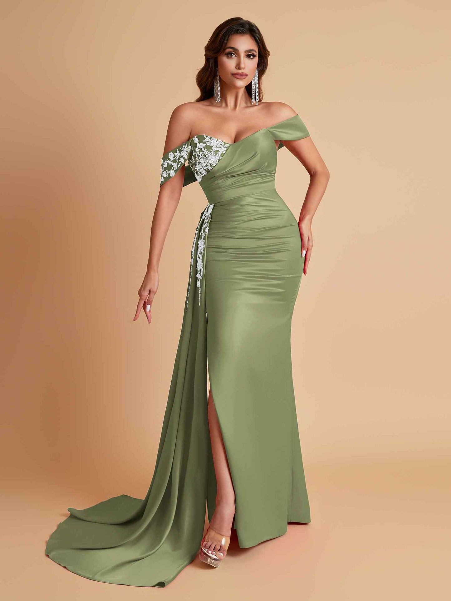 Elegant Soft Satin Mermaid Off Shoulder Floor-Length Mermaid Bridesmaid Dresses