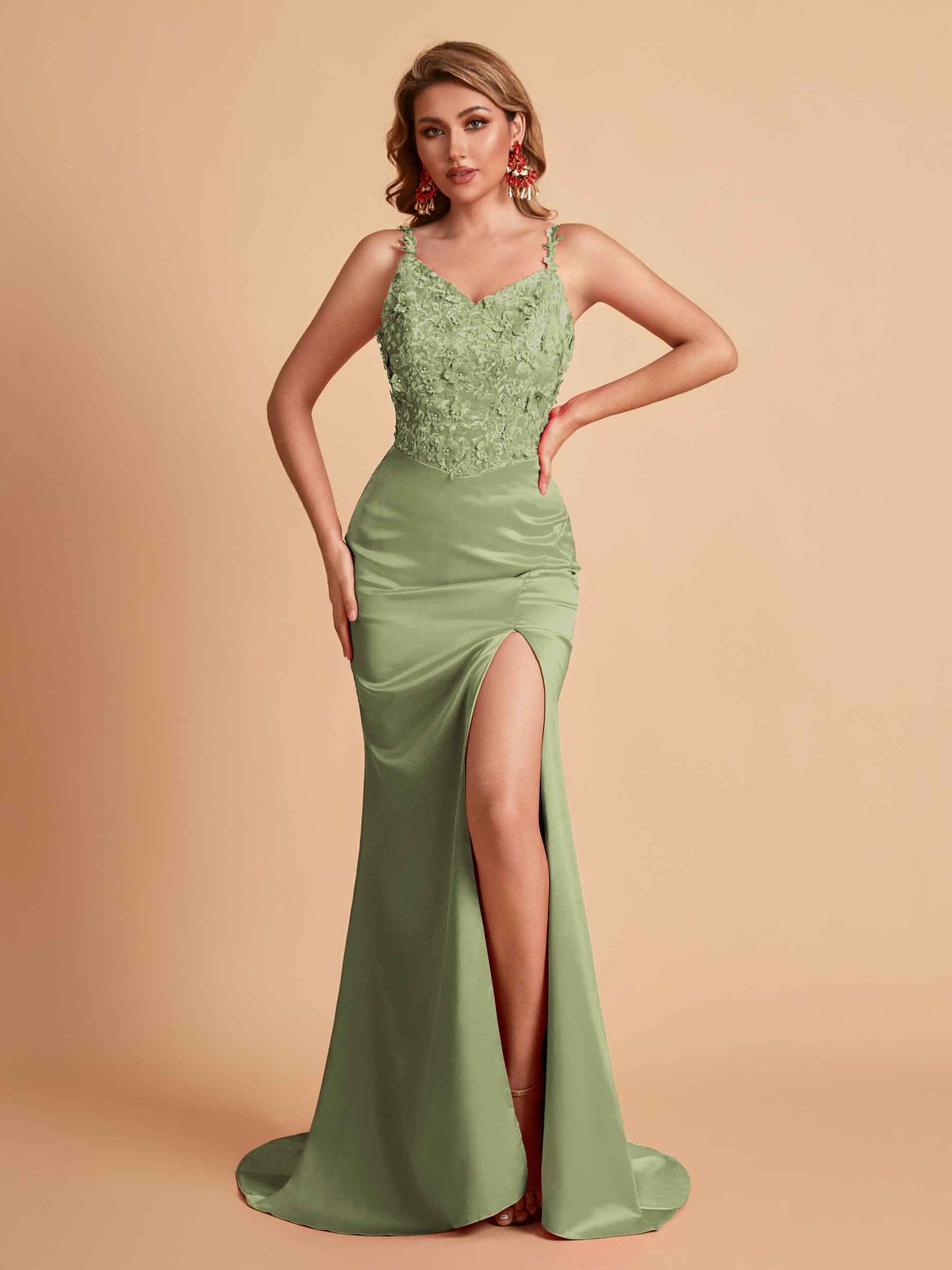 Sexy Satin V-neck Side Slit Mermaid Floor Length Bridesmaid Dresses