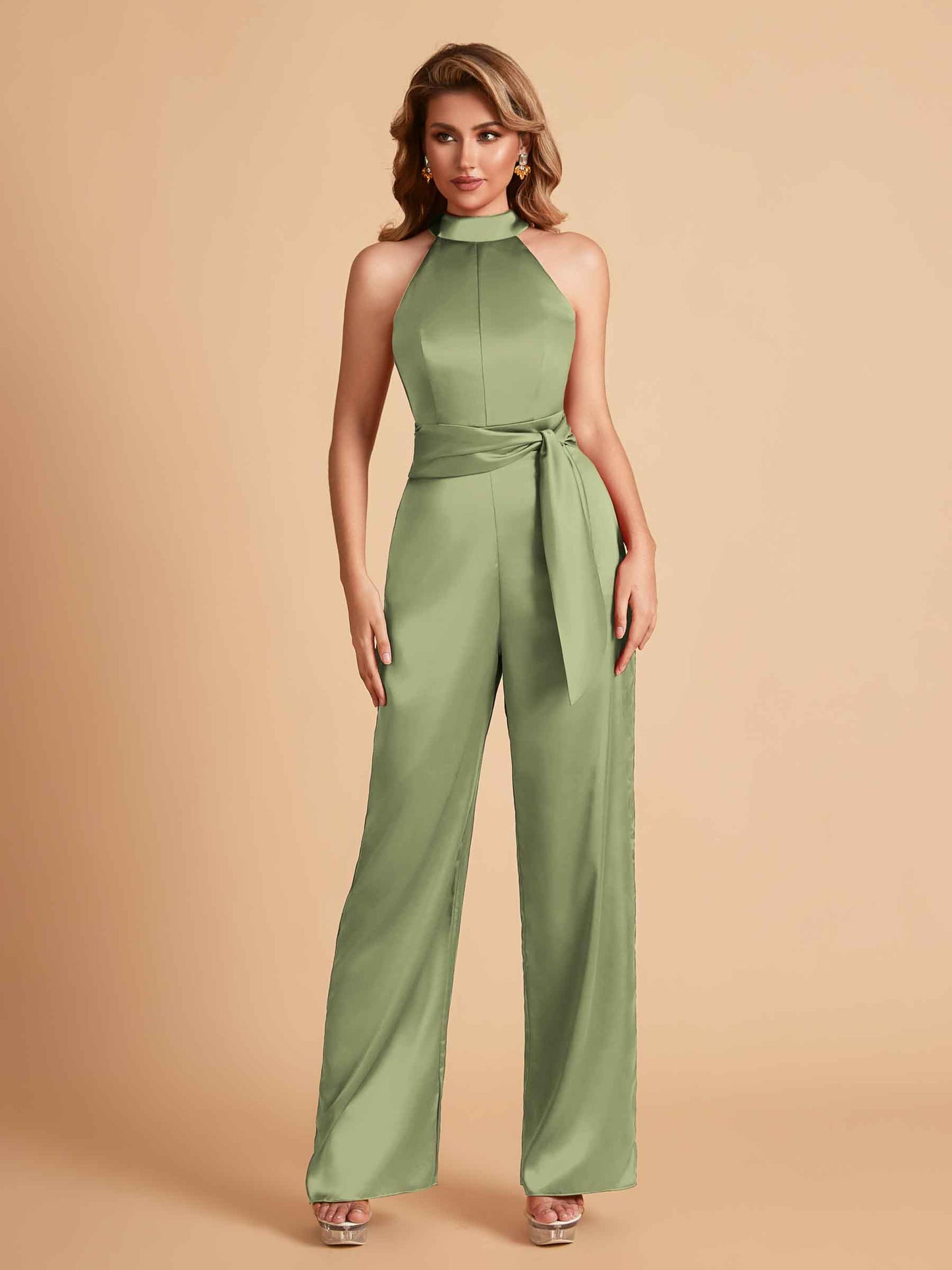 Elegant Satin Halter Sleeveless Satin Floor Length Bridesmaid Jumpsuit