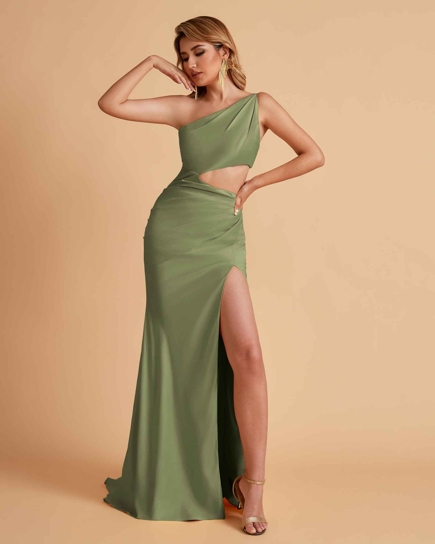 Sexy One-Shoulder Waist Cutout With High Split Floor-Length Bridesmaid Dresses