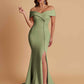 Elegant Soft Satin Mermaid Off Shoulder Side Slit Floor-Length Bridesmaid Dresses