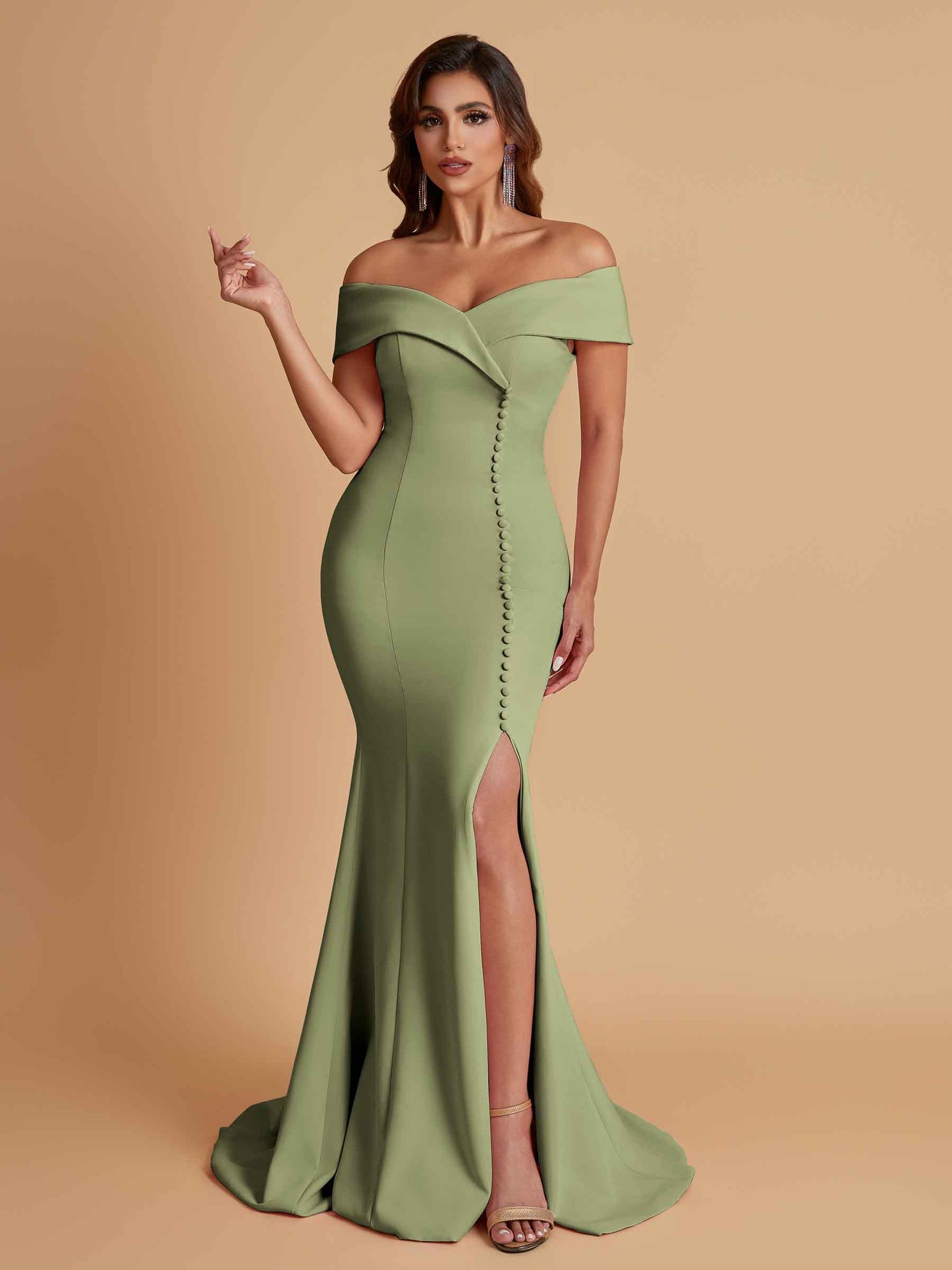 Elegant Soft Satin Mermaid Off Shoulder Side Slit Floor-Length Bridesmaid Dresses