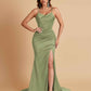 Sexy Spaghetti Straps V Neck Soft Satin Side Slit Floor-Length Mermaid Bridesmaid Dresses