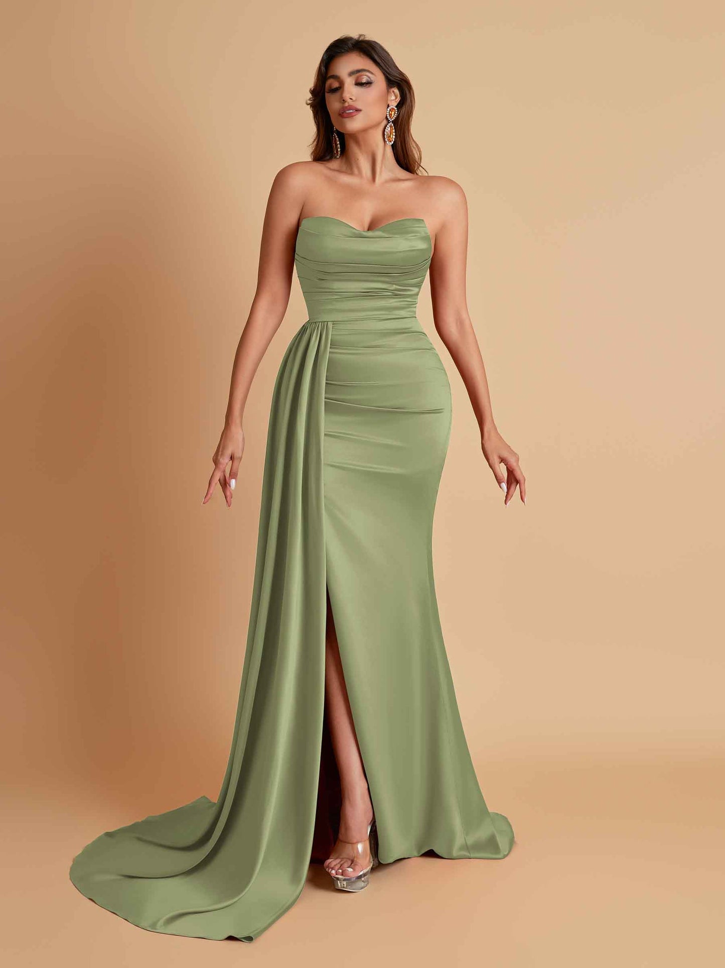 Elegant Soft Satin Sweetheart Strapless Side-Slit Mermaid Bridesmaid Dresses