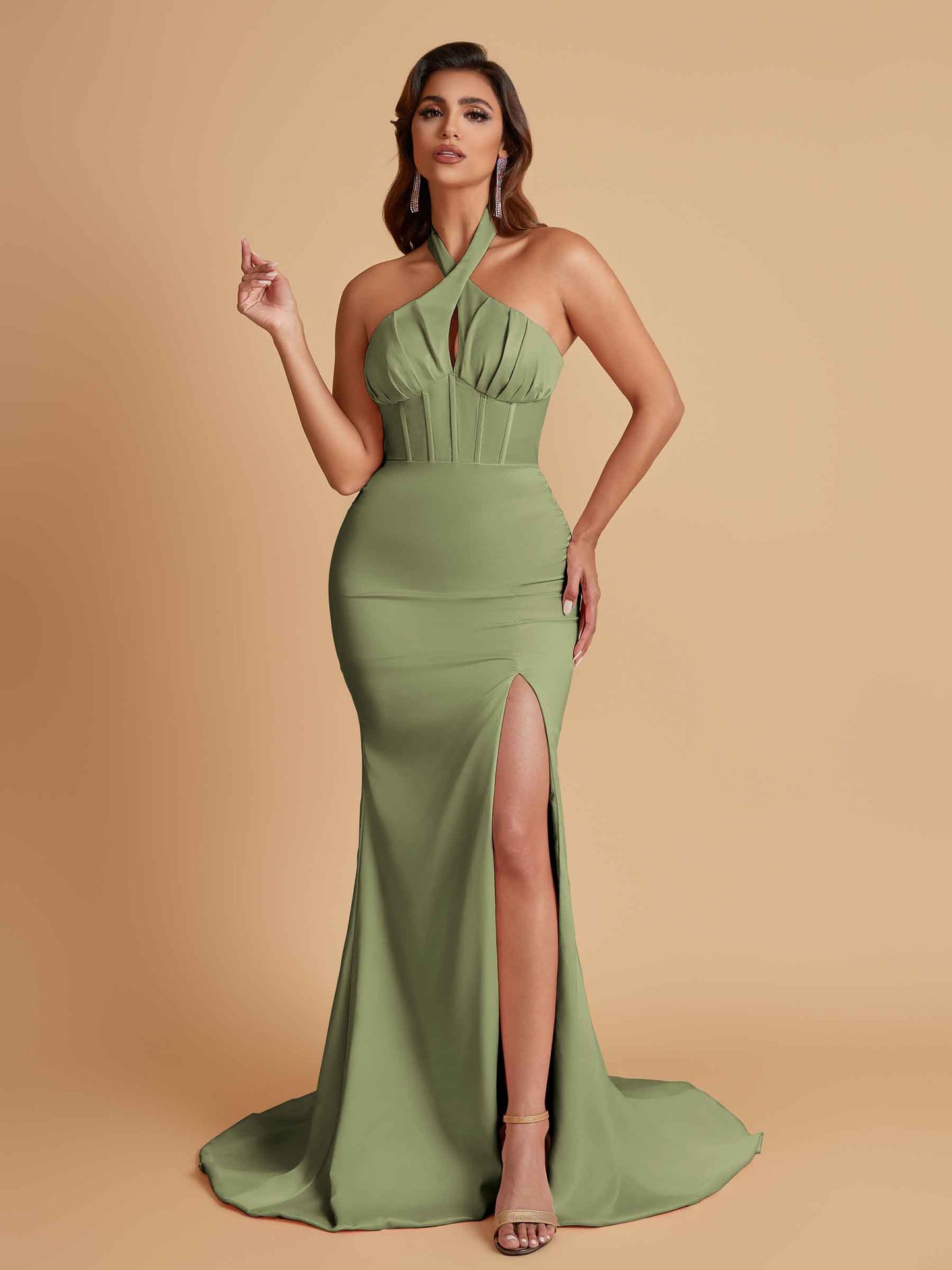 Elegant Soft Satin Mermaid Halter Side Slit Floor-Length Bridesmaid Dresses Online