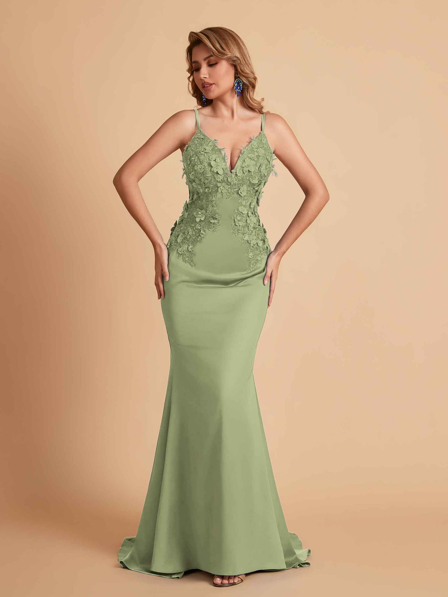 Sexy Satin Spaghetti Straps V-neck Mermaid Floor Length Applique Bridesmaid Dresses