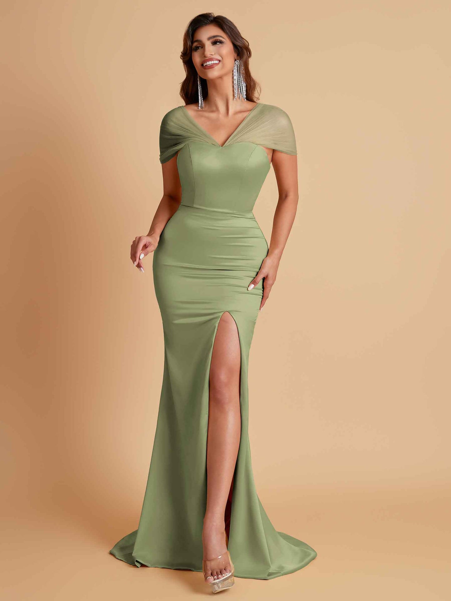 Sexy Soft Satin Mermaid V-neck Floor-Length Mermaid Bridesmaid Dresses