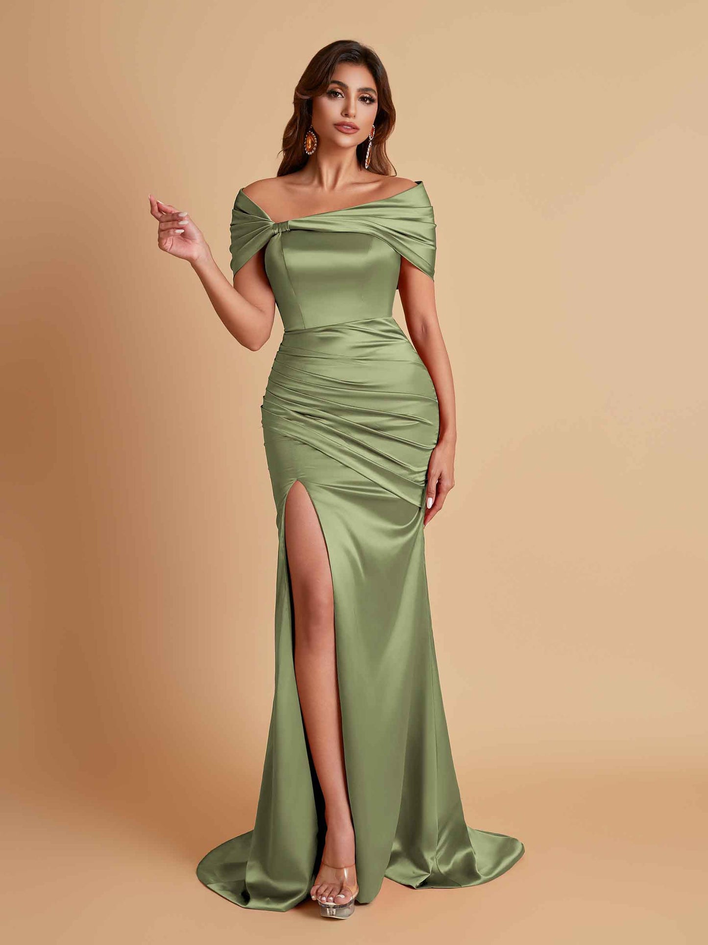 Elegant Soft Satin Off-the-shoulder Side-Slit Mermaid Bridesmaid Dresses