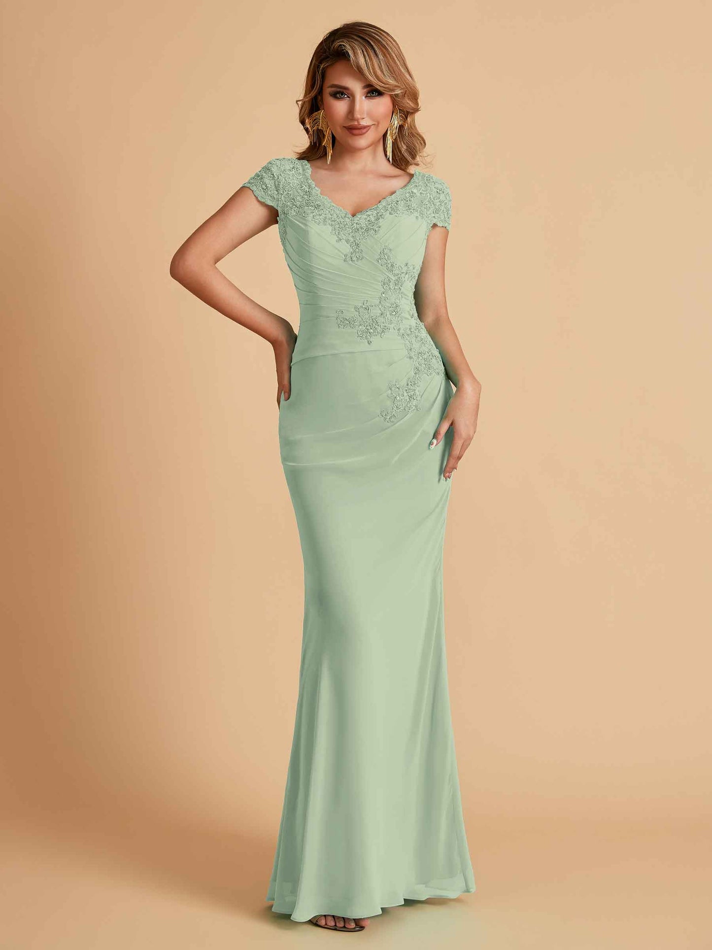 Elegant Mermaid Chiffon Cap Sleeves V-Neck Mother of the Brides Dresses Online