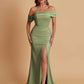 Elegant Soft Satin Mermaid Off Shoulder Asymmetrical Side Slit Floor-Length Bridesmaid Dresses