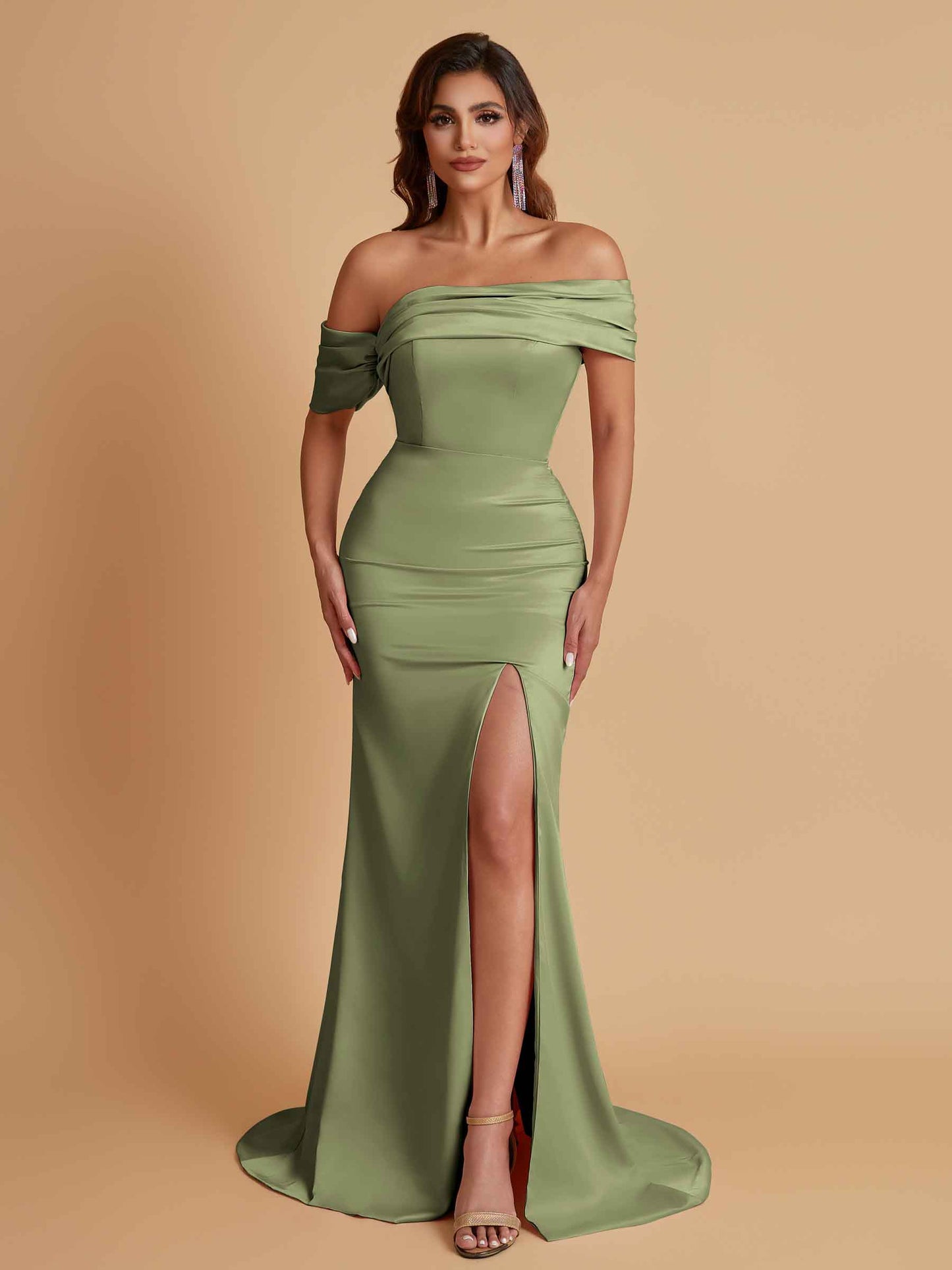 Elegant Soft Satin Mermaid Off Shoulder Asymmetrical Side Slit Floor-Length Bridesmaid Dresses