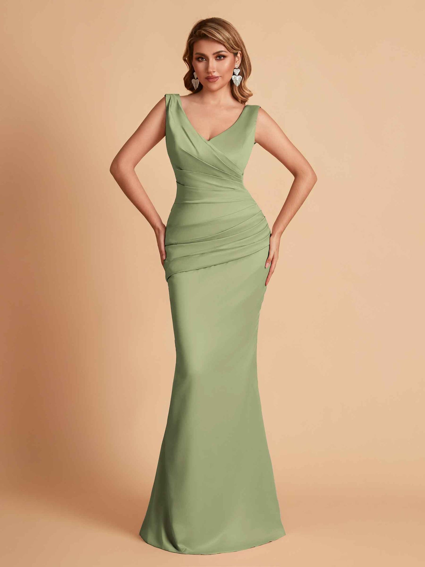 Elegant Satin V-neck Sleeveless Mermaid Floor Length Bridesmaid Dresses